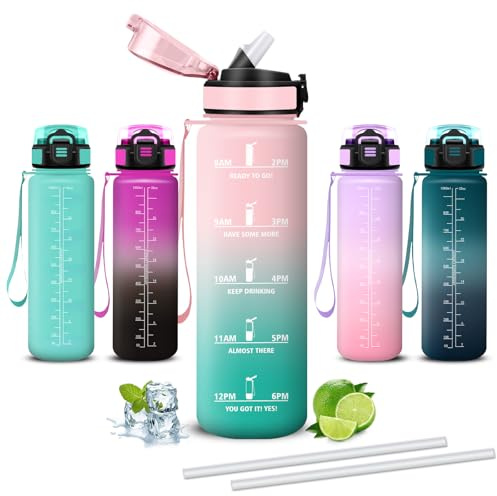 Mujigaga Botella Agua- 1 litro- Botella Agua Gimnasio, A Prueba de Fugas, Cantimplora con Pajita, Water Bottle con Escala de Tiempo, para la Hogar, Fitness, Oficina, Acampada, Deportes, Pilates