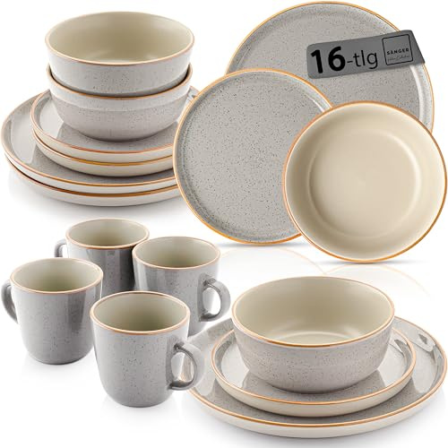 SÄNGER Rio Perlgrau Kombiservice 4 Personen, Teller Set & Kaffeebecher | 16 tlg, Steingut Geschirr Set spülmaschinen- mikrowellenfest, Geschirrset mit Kaffeebechern 430 ml Grau