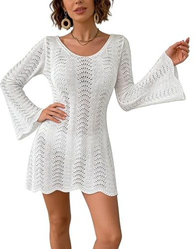 EOAMGO Beach Cover Up Dress for Women, Backless Crochet Knit Hollow Out Coverups, Long Sleeve Loose Tie Back Swimwear Cover Ups (UK, Alpha, M, Regular, Regular, White)