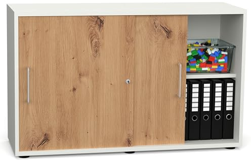 Schiebetürenschrank SLIDO 120×40×75 cm – abschließbarer Aktenschrank 2OH in Weiß/Asteiche mit Metall-Bügelgriff