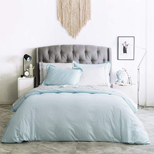 SUSYBAO Baby Blue Duvet Cover Queen 100% Cotton 3 Pcs Set 1 Classic Light Blue Duvet Cover with Zipper Ties 2 Pillow Shams Hotel Collection Sky Blue Bedding Set Soft Comfortable