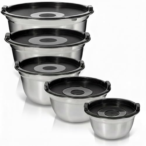 WHYSKO Stainless Steel Mixing Bowls with Lids Set - 5 Rustproof Metal Nesting Mixing Bowls Set for Kitchen, Meal Prep, Baking, Cooking, Storage, Dishwasher Safe - .75, 1, 1.5, 3 and 5 qt bowls