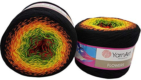YarnArt Flowers 500 Gramm Bobbel Wolle Farbverlauf, 55% Baumwolle, Bobble Strickwolle Mehrfarbig (schwarz orange gelb 267)