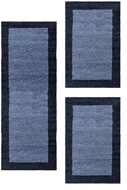 HomebyHome Bettumrandung Schlafzimmer 3 teilig Teppich Marineblau - Waschbarer Bettumrandung Teppich Läufer Set Extra Flauschig Bettvorleger Schlafzimmer Bettset:2 St. 80x150 cm | 1 St. 100x200 cm