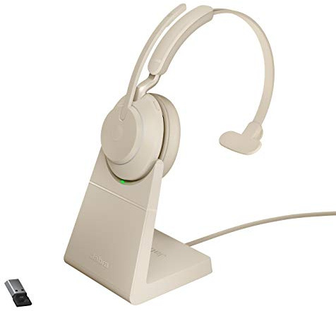 Jabra Evolve2 65 Casque PC sans Fil avec Station de Charge - Casque Mono Certifié UC Anti-bruit avec Batterie Longue Durée - Adaptateur Bluetooth USB-A - Beige