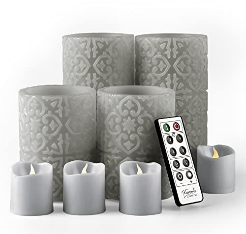 FURORA LIGHTING Grey Rome Real Wax LED Candles with Remote and Timer, 4 Pillar and 4 Votives Pack of 8, Flameless Flickering Candles for Home Décor, Battery Included