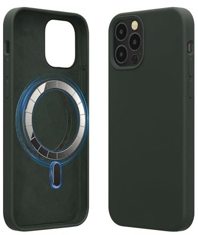 kwmobile fodral kompatibelt med Apple iPhone 12/iPhone 12 Pro fodral – magnetiskt silikonfodral kompatibelt med MagSafe – skydd gummerat mörkgrönt