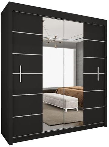 UK SLIDING WARDROBE Modern 2&3 Mirror Sliding Doors Wardrobe With Adjustable Shelves, Hanging Rails,Bedroom Furniture Matt Finish (Black, 203cm)