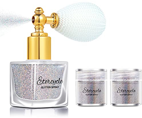 Etercycle Silver Body Glitter Spray, Shimmering Spray Powder Sparkle Powder, Cosmetic Shimmer Makeup Glitter for Hair and Body Face Clothes Nail Art Craft Design Easter Christmas Halloween Crafts