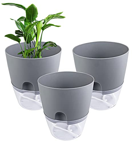 Relota 3 stücke Blumentopf Grau 15.3cm Breite, Kräutertopf Plastik mit Selbstbewässerung und Wasserspeicher, Küchenkräuter Blumentopf mit Bewässerungssystem für Küche, Balkon, Schlafzimmer