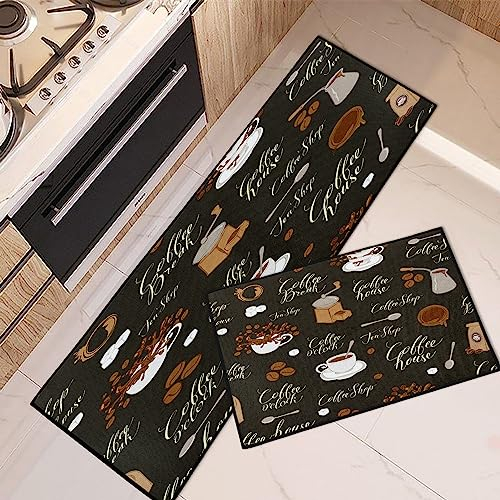 Tayney Kaffee-Küchenteppiche und -Matten, rutschfest, waschbar, 2er-Set, Teeshop-Matten für Boden, Kaffeehaus, Schokolade, Café, Teppich, Retro-Küchendekoration