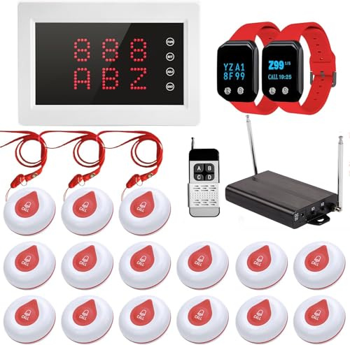 WNKRUN Caregiver Pager System 400m Nursing Alarm Call Button Wireless Calling System with 1 Display Receiver/2 Watches/1 Signal Amplifier/15 Call Buttons for Elderly Patient Nursing Home Nurse Station