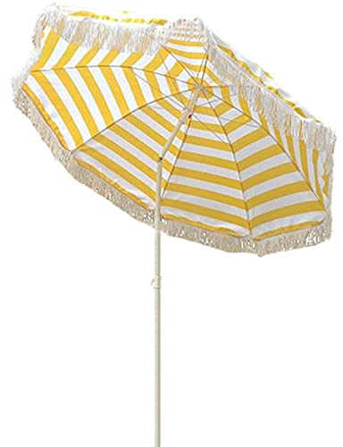 HZSCL Ø 1.6m Faltbarer Strandschirm, Tragbarer Gartenschirm Mit Quaste, 45° Neigbarer Runder Sonnenschirm, Höhenverstellbar - Gelb Weiß Gestreift