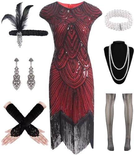 WILDPARTY 20er Jahre Kostüm Damen Charleston Kleid mit Pailletten Perlen Fransen Netzstrümpfe, Accessoires, Vintage Mafia Kostüm Damen Women L