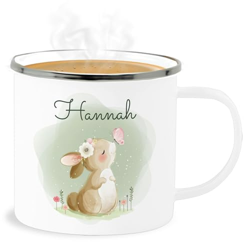 Emaille Becher Blechbecher - Süßer Hase mit Name personalisiert I Hasen Geschenk Bunny I Rabbit I Kaninchen - 300 ml - Weiß Silber - hasenbecher hasentasse hasenmotiv ostern tassen ostertasse
