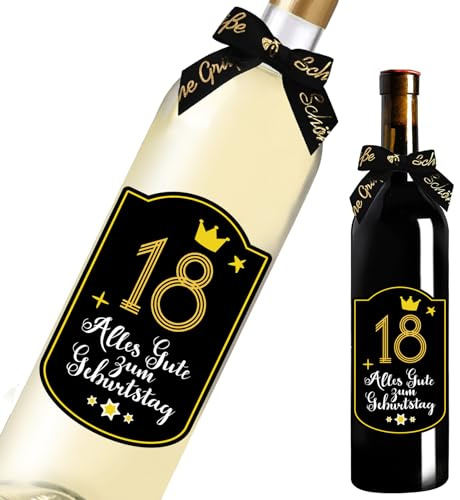 18. Geburtstag Flaschenetikett mit Schleife Schwarzes Gold Lack veredelt 8.5 x 10.5 cm Happy Birthday 18 - Geburtstagsdeko Geburtstagsgeschenk Geschenke für Frauen Männer