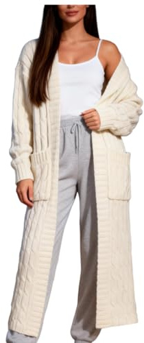 Women's Winter-Warm Fashion-Casual New-Sexy Sweater-Cardigan - Oversized Loose Long Sleeve Solid Color V- Neck Lightweight Cotton Soft Knitwear Chunky Ribbed Pocket Long Coats Ladies UK White M