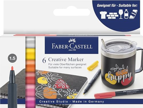 FABER-CASTELL 160705 - Kreativt markerset, 6 permanenta markers, pennset summer breeze, för papper, glas, plast och mycket mer.