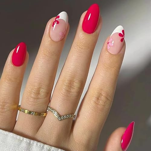 GlamRays 24 Stück Kurz Oval French Nails Press on Nails, Blumen Passgenau Design Acryl False Nails Set, French Nails für Frauen und Mädchen geeignet für Sommer Trage Nagelkunst