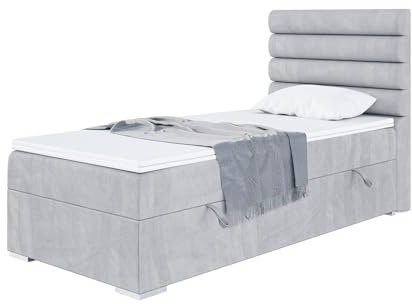 MEBLINI Boxspringbett mit Bettkasten - Gepolstert Einzelbett mit Matratze und Topper - Polsterbett mit Stauraum - Bett mit Kopfteil - Stauraumbett - Karim - 90x200 Rechts - H3/Hellgrau Samt