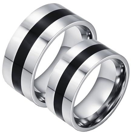 Calefee Ringe Edelstahl Set für Trauung, Ringe Partnerringe mit Gravur 9 mm Silberring mit Schwarzem Emaille, Modeschmuck