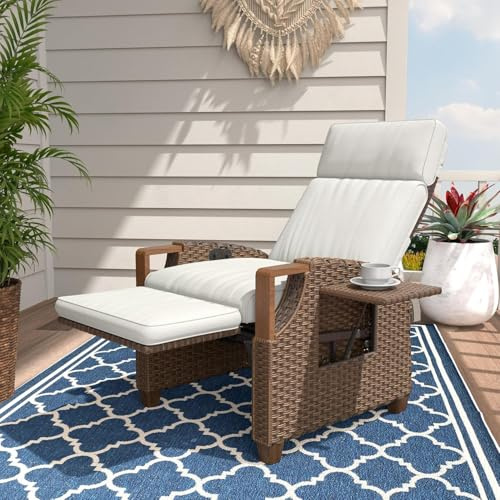 Grand patio Recliner Sun Lounger Adjustable Position Backrest Armchair with Flip Table and Cushion Lounge Chair Sunlounger for Garden, Yard, Patio, Outdoor (Boho, Double Push Button)
