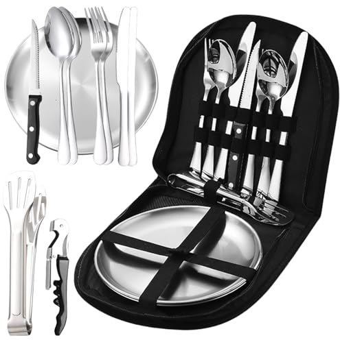 Camping Geschirr Set 2 Personen, 11 Stück Tragbares Geschirr Edelstahl, Campingbesteck Set mit Löffel Gabel Messer Teller und Flaschenöffner für Outdoor, Camping, Picknick, Grillen und Wandern