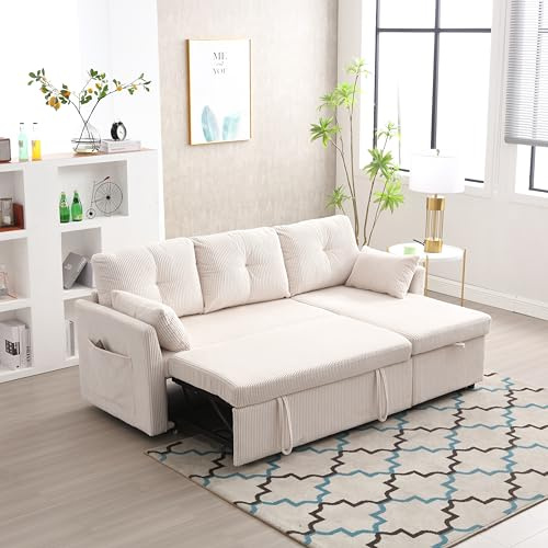 Dolamaní 3er-Sofa L Form with Storage Seats, Schlafsofa Sectional Couch mit Schlaffunktion und Bettkasten (Beige, Samt)