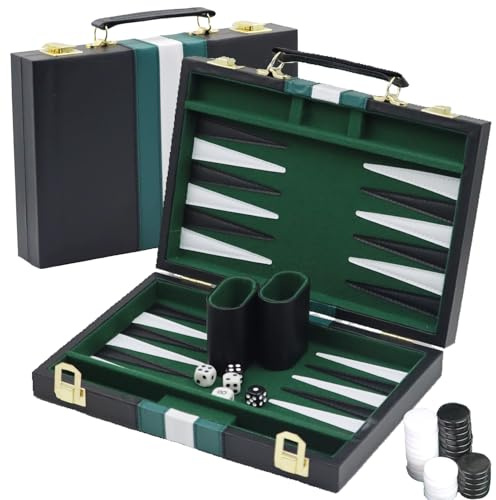 YUJUVI Backgammon Set Bois Valise 28cm Complet Accessoires Étui Cuir (Noir)