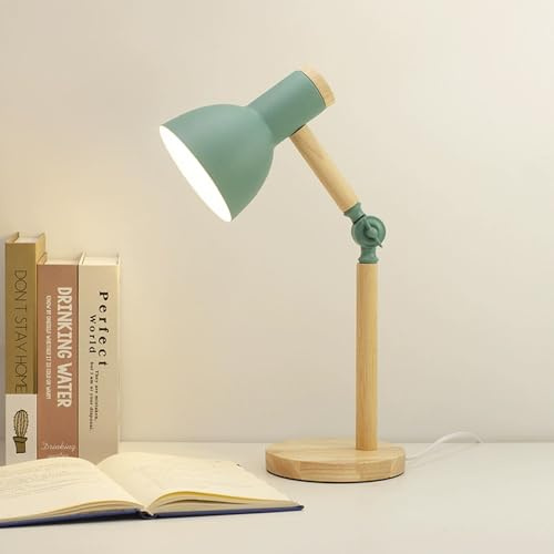 Mkichi Nachttischlampe Holz,Tischlampe Vintage mit Kabel,Schreibtischlampe Kinder, LED Tischlampe Wohnzimmer,Augenschutz Tischleuchte Leselampe,Tischlampe E27 für Schlafzimmer,Büro,Geschenk (Grün)