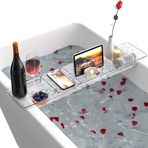 Bath Trays for Across the Bath Shelf Over Board Rack with Non-Slip Design IPad Holder Transparent Bath Caddy Tray for Books Phone Adjustable Size[51-81cm]
