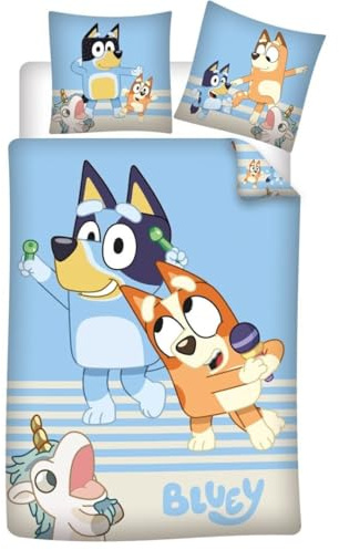 Bluey und Bingo Kinderbettwäsche 140x200 + Kissenbezug 65x65 Knöpfe Junge | Wendebettwäsche Einzelbett | Naturbaumwolle atmungsaktiv Oeko-Tex | Offizielle Lizenz | Knopfverschluss | 3-8 | Geschenkidee