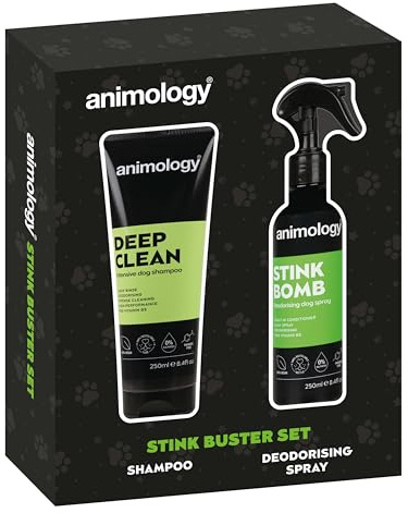 Animology Stink Buster Set, Hundepflege-Geschenkset mit Tiefenreinigungs-Shampoo und Stink Bomb Deodorierspray