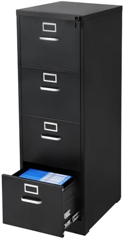 VEVOR 4 Drawer File Cabinet with Lock, Metal Vertical Filing Storage Cabinets for Home Office, Heavy-Duty Cabinet with Detachable Hanging Rod, for A4/Letter/Legal Size File, Easy Assembly (Black)