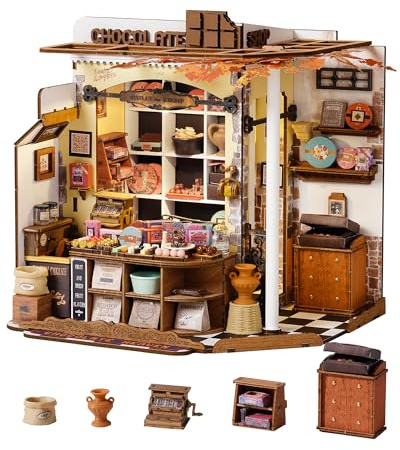 ROBOTIME Maison Miniature a Construire Henry's Chocolate, Kit de Construction de Maison Miniature en Bois avec LED, Décoration Intérieure et Cadeau Créatif pour Adultes et Adolescents