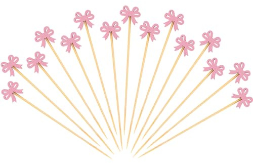 BOXOB 200pz Stecchini Cocktail Fiocco Rosa, 12,5cm Stuzzicadenti Coquette Bastoncini Mescolatori in Legno Alimenti Topper Cocktail Fiocco Spiedini Antipasto per Frutta Bevande Dessert Addio Nubilato