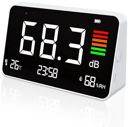 Digital Decibel Meter, Sound Level Meter Tester 30-130 dB Meter Desktop Temperature Humidity Noise Alarm Time for Home, Classroom, Studio, Factory