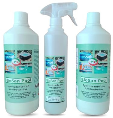 Pip BioSan Pool Detergente Igienizzante Concentrato Piscine Gonfiabili con Antibatterico, 2 Flaconi da 1 Litro Pari a 60 Litri Pronto Uso + Vapo, Professionale HACCP