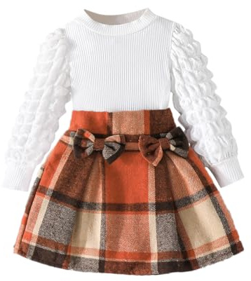 Eqenkely Conjunto de Ropa Niña Otoño Invierno Tops de Manga Larga Cuadros Falda Plisada 2 Pcs Conjunto de Fiesta 2-7 Años Naranja 6 Años