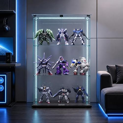 MGMYM Glasvitrine Standvitrine mit Tür und Schloss, 3 Lagen Sammlervitrine Vitrinenschrank, 2 Tür Glasvitrine Stehend Für Wohnzimmer Schlafzimmer Büro (Schwarz 2 Tür, 3 Lagen+LED)