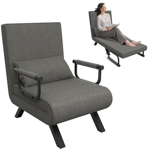 SUBTLETY Schlafsofa Umwandelbar Einzelsofa 3 in 1 Schlafsessel mit Bettfunktion Klappbett mit Kissen, Rückenlehne & Armlehnen, Bettsofa bis 200KG Sofasessel Gästebett aus Stahl & Leinen (Dunkelgrau)