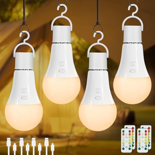 Dehobo Bombilla Recargable con Mando E27 3 Color Bombillas Sin Cables 4uds | Bombillas Recargables Ajustables Control Remoto, Bombillas LED con Gancho, Luz LED Recargable Emergencia Interior Exterior