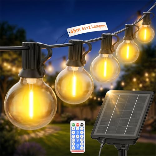 Guirlande Solaire Extérieures Lumineuse LED 45M avec Télécommande, 55+2 Ampoules G40 Étanche Guirlande Lumineuse Extérieure Solaire pour Jardin Guinguette Terrasse Balcon, Décoration Mariage & Fêtes