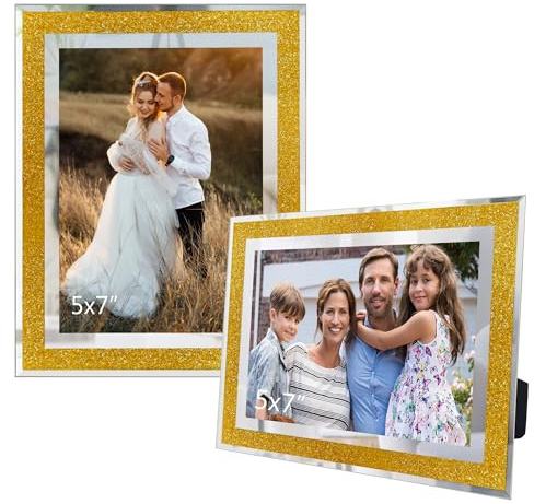 GraduationMall 2 Pack 5x7 Glass Photo Frames Crystal Glitter Picture Frames 7x5 for Wedding Office Home Decoration-Gold