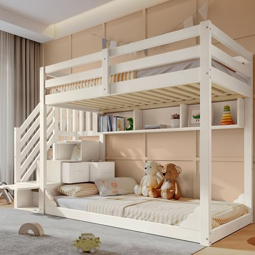 Kebnor Letto a castello per bambini, 90 x 200 cm, bianco, con armadietto per scale e ripostiglio, in legno, salvaspazio, per fratelli, con ringhiere di sicurezza e ripiani, senza materasso