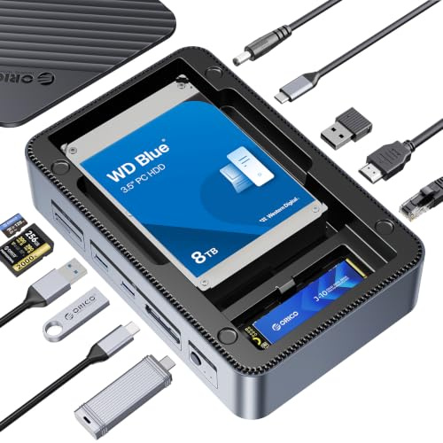 ORICO Docking station USB-C 12 in 1 con doppia enclosure SSD - Supporta dischi SATA M.2 NVMe/SATA e 2.5/3.5 fino a 26TB, 10Gbps USB, 4K HDMI@60Hz D35M2-V1