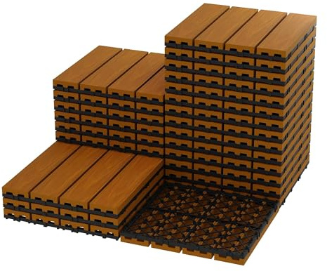 Garvee Lot de 27 Dalles Clipsables Extérieur 30x30 cm pour Terrasse Balcon | Caillebotis Composite Imitation Acacia Antidérapant, Revêtement de Sol Modulable Résistant UV et Intempéries pour Terrasse Ba