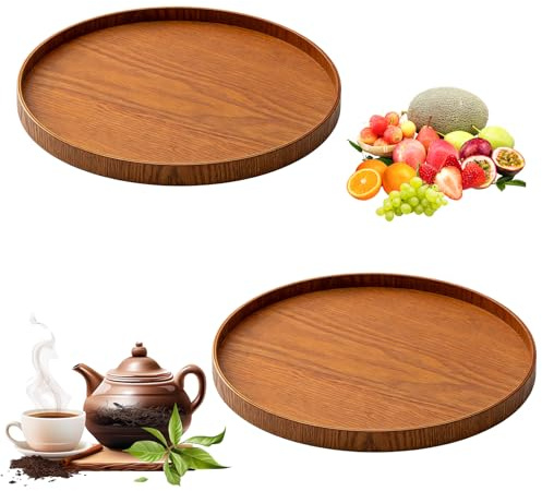 VEGOATY 2 Stück Holztablett Rund: 30 cm Durchmesser Rundes Tablett Holz mit erhöhter Rand, Holztablett Rund Serviertablett für Getränke, Kaffee, Fernbedienungen, Schlüsseln, Schmuck, Kosmetika