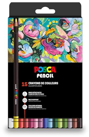 POSCA PENCIL, 15 Crayons de couleur base huile et cire - Multisupport | Uni Mitsubishi Pencil - Crayons Haute Intensité Chromatique, Rendu Mat, Superposables - Papier, Bois, Verre, Métal et Pierre
