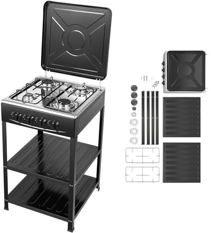 ROGONPDK Cuisinière à gaz rectangulaire avec quatre grilles en fer 57 x 51 x 23 cm, 4 brûleurs, flamme réglable avec couvercle, 4 brûleurs à gaz, plaque de cuisson à gaz autonome (noir)